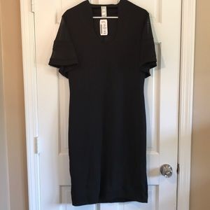 Short Sleeve Black Sheath Dress with Sheer Detail